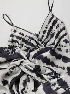 Black And White Animal Print Spaghetti Straps Jumpsuit With Cape
