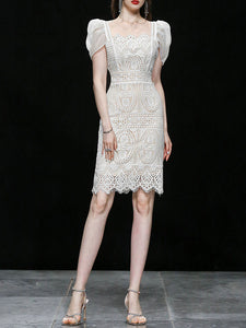 White Square Collar Puff Sleeve 1950S Lace Dress