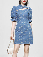 Load image into Gallery viewer, Retro Cheongsam Stand Collar Hollow Puff Sleeves Denim Printed Mini Dress