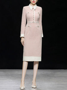 Pastel Pink Lapel Long Sleeve Tweed 1960S Dress