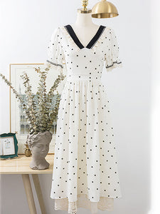 Lace V Neck Polka Dots Puff Sleeve Vintage Dress