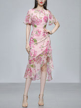 Load image into Gallery viewer, Pink Floral Print Chiffon Ruffles 1960S Dress