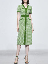 Load image into Gallery viewer, Green V Neck Checkerboard Print Short Sleeve 1940S Vintage Dress With Pockets