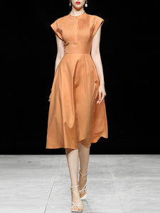 Orange Pleated Cap Sleeve Audrey Hepburn Style 50S Dress
