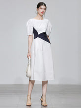 Load image into Gallery viewer, White Puff Sleeve Waist Black Knotted Audrey Hepburn&#39;s 1950S Dress