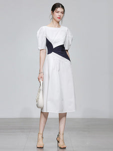 White Puff Sleeve Waist Black Knotted Audrey Hepburn's 1950S Dress