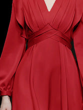 Load image into Gallery viewer, Red Ruffles V Neck Satin 1950S Long Sleeve  Vintage Dress