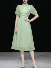 Load image into Gallery viewer, Apricot Stand Collar Puff Sleeve Mesh Pleated Dress