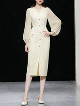 Load image into Gallery viewer, Light Pink Solid Color Puff Long Sleeve V-Neck Pearl 1940S Dress