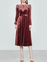 Load image into Gallery viewer, Red Crew Neck Velvet Puff Sleeve 1950S Vintage Dress With Belt