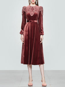 Red Crew Neck Velvet Puff Sleeve 1950S Vintage Dress With Belt