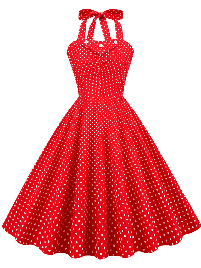 Halter Red Polka Dots 1950s Dress Red / XL