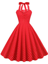 Load image into Gallery viewer, Red And White Polka Dots Vintage Halter 1950S Dress With Button
