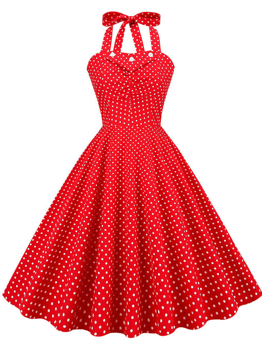 Red And White Polka Dots Vintage Halter 1950S Dress With Button