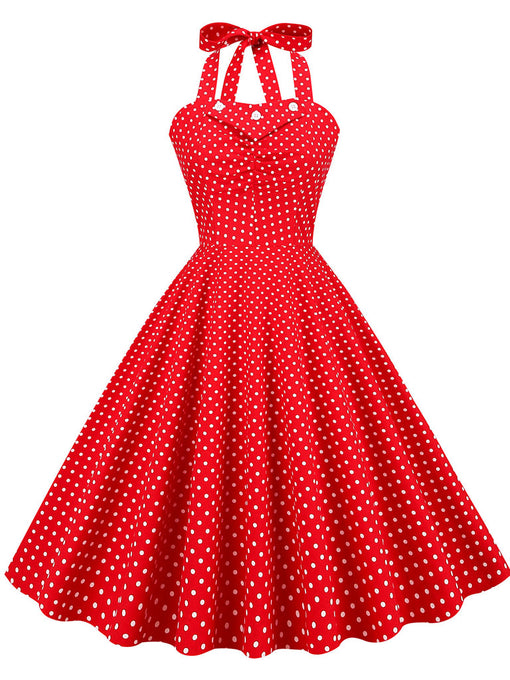Red And White Polka Dots Vintage Halter 1950S Dress With Button
