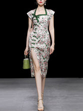 Load image into Gallery viewer, Green Rose Square Collar Split Cheongsam Dress