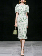 Load image into Gallery viewer, Green Grass Print Puff Sleeve 1950s Vintage Party Dress