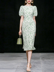 Green Grass Print Puff Sleeve 1950s Vintage Party Dress