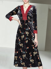 Load image into Gallery viewer, Lace V Neck Floral Velvet Dress Vintage Dress