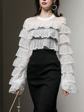 Load image into Gallery viewer, 2PS Crew Neck Long Sleeve White Lace Lotus Leaf Top And Black Fishtail Skirt Suit