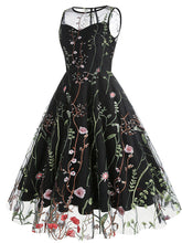 Load image into Gallery viewer, Wine Red Semi Mesh Flower Embroidered Sleeveless 50S Swing Dress