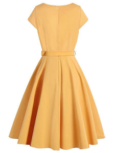Yellow Square Collar Swing Dress With Cap Sleeve