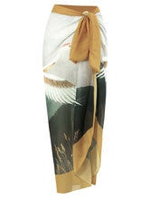 Load image into Gallery viewer, Cranes Bird Print Retro Style V Neck One Piece With Bathing Suit Wrap Skirt