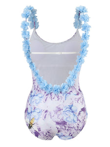 Floral Print Flower Strap One Piece With Bathing Suit Wrap Skirt