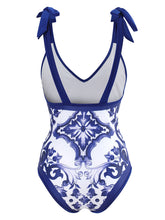Load image into Gallery viewer, Blue And White Porcelain Retro Style V Neck One Piece With Bathing Suit Wrap Skirt