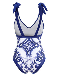 Blue And White Porcelain Retro Style V Neck One Piece With Bathing Suit Wrap Skirt