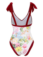 Load image into Gallery viewer, Floral Print Retro Style V Neck One Piece With Bathing Suit Wrap Skirt