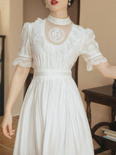 Load image into Gallery viewer, White Lace Ruffles Puff Sleeve Edwardian Revival Wedding Dress