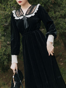 Black Semi-Sheer Velvet  Long Sleeve Lace Vintage Dress