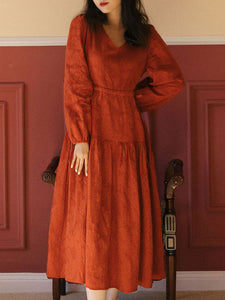 Orange V Neck Relief Jacquard Long Sleeve Vintage Dress