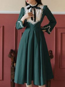 Dark Green Long Sleeve Ruffles Evdwardian Revival Dress