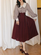 Load image into Gallery viewer, 1950S Vintage Peter Pan Puffed Sleeve Shirt And Striped Jacquard Swing Skirt Set