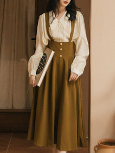 2PS Apricot Long Sleeve Blouse And ArmyGreen Pockets Swing Strap Skirt Dresss Set
