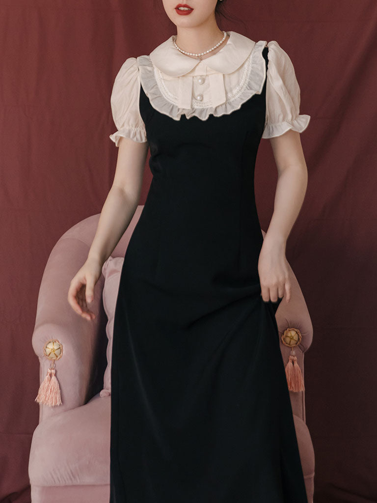 Black Peter Pan Ruffles Puff Sleeve Audrey Hepburn 1950S Dress, Black / S