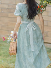 Load image into Gallery viewer, Green Square Collar Puff Sleeve Summer 1950S Flower Vintage Dress
