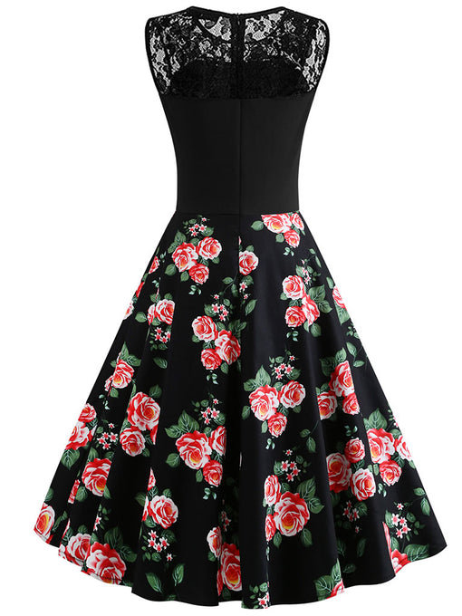 Black Lace Rose Print Swing 1950S Vintage Dress