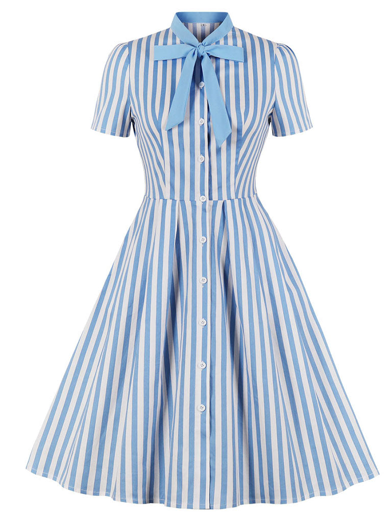 Blue and White Stripe with Pockets 50s Dress, Blue / S