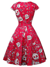 Load image into Gallery viewer, Halloween Red Skull Printed V Neck Vintage Dress