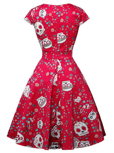 Halloween Red Skull Printed V Neck Vintage Dress