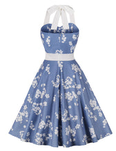Load image into Gallery viewer, Light Blue Floral Print Halter High Waist 1950 Vintage Dress