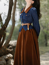 Load image into Gallery viewer, 2PS Denim Coat With Brown Velvet Swing Skirt 1950S Vintage Audrey Hepburn&#39;s Style Outfits