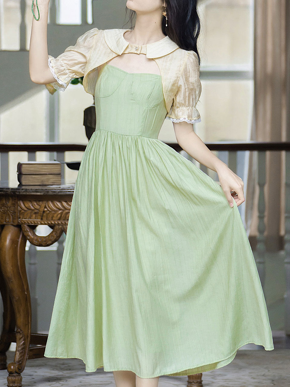 green emerald velvet dress 2PS White Cape with Green Spaghetti Strap 1950s Dress Set, Green / S