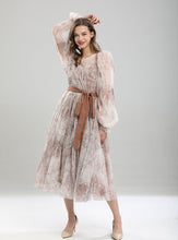 Load image into Gallery viewer, Retro Palace Puffed Sleeves Lace Tulle Print Vintage Swing Dress