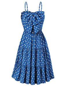 Blue And White Polka Dots Big Bow Swing Dress