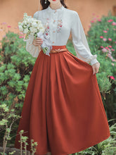 Load image into Gallery viewer, 2PS 1950S White Cat Embroidered Long Sleeve Shirt And Orange Swing Skirt Suit
