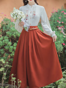 2PS 1950S White Cat Embroidered Long Sleeve Shirt And Orange Swing Skirt Suit
